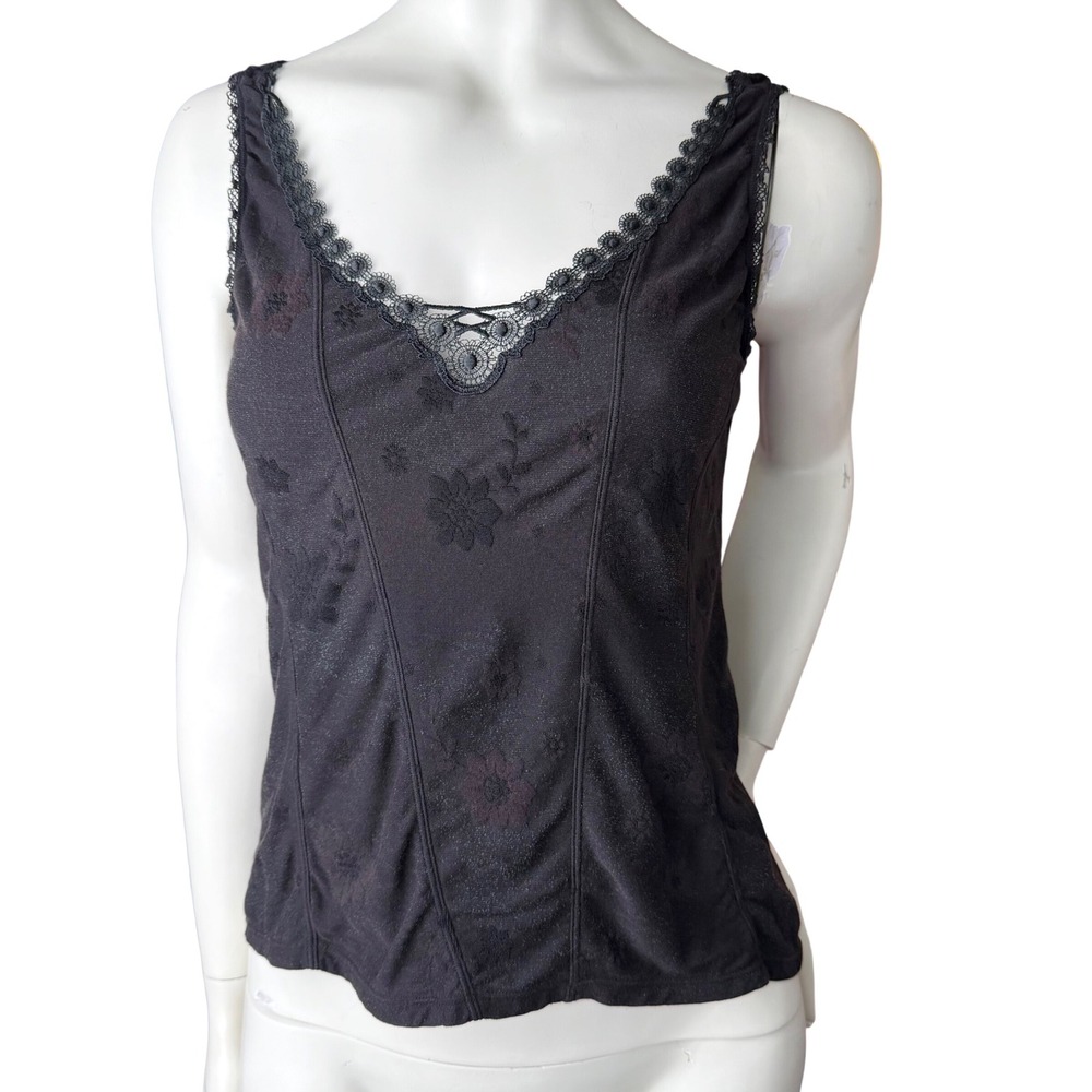 Vintage Black Vneck Tank Top Lace Trim‎ Floral Print Distressed Whimsigoth Y2K M